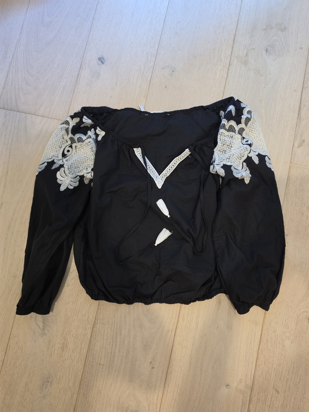Black Peasant Blouse with White Embroidered Sleeves